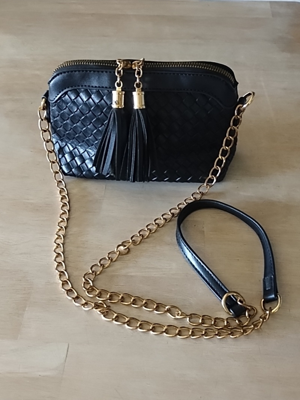 Black Woven Crossbody Bag with Tassels - Classic Women's Shoulder Bag